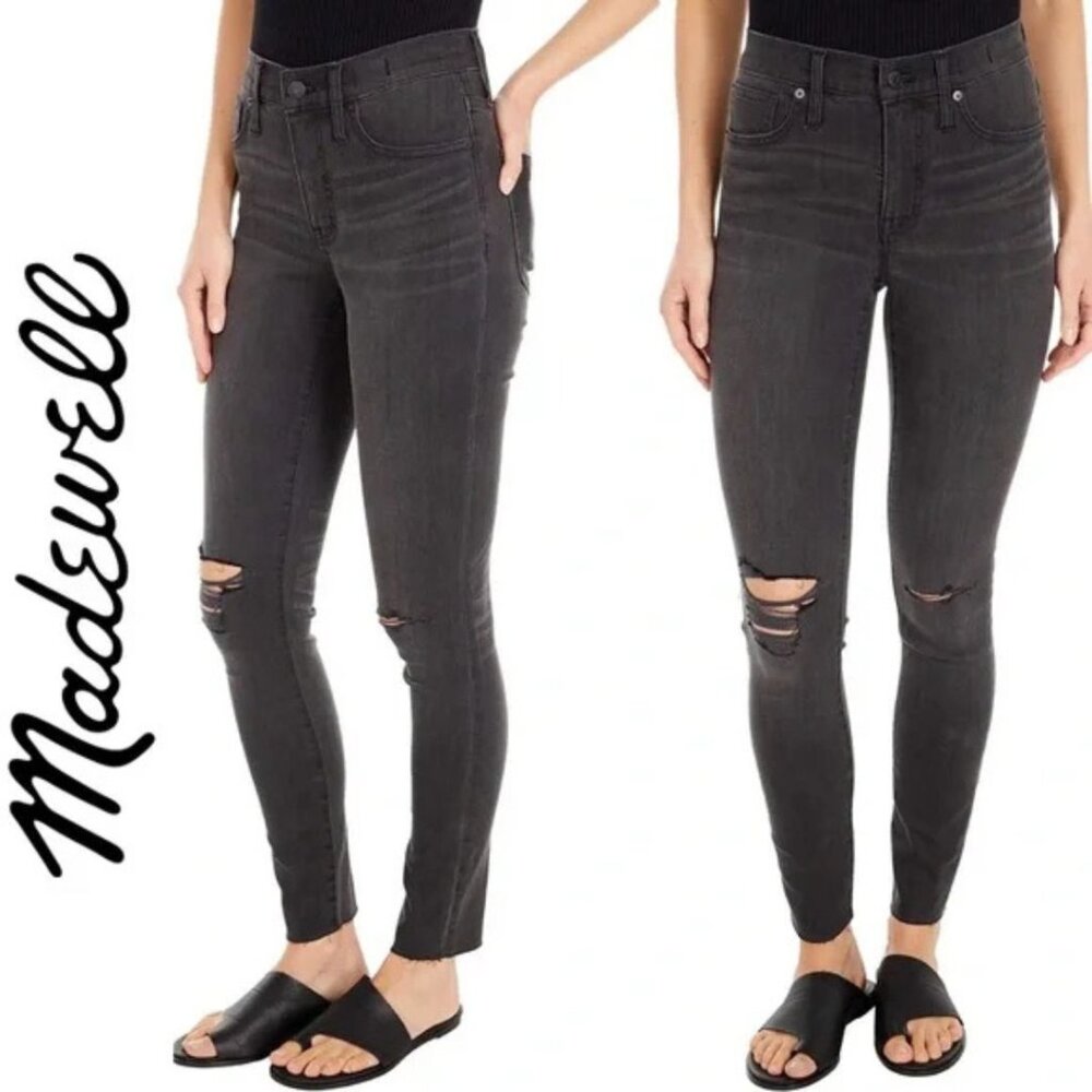 NWT Madewell 9" Mid-Rise Skinny Jeans Black Raw Hem Distressed Womens Size 26